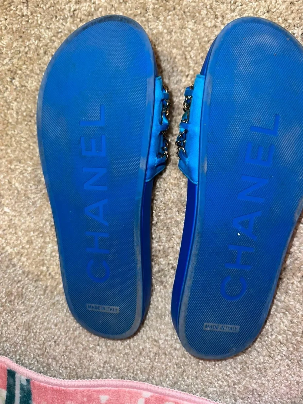 Chanel Blue Chain-Trim Slide Sandals